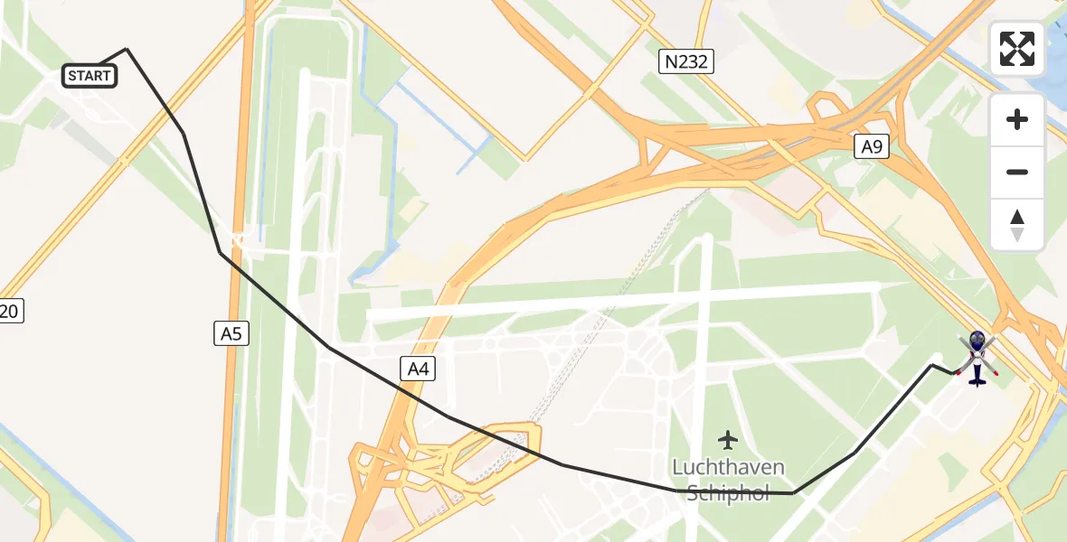 Vluchtroute Politiehelikopter van Amsterdam Vliegveld Schiphol naar Amsterdam Vliegveld Schiphol