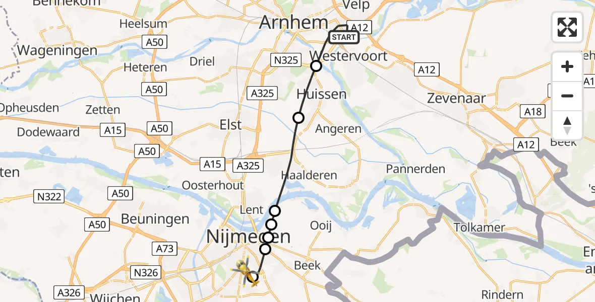 Vluchtroute Traumahelikopter van Arnhem naar Radboud University Medical Center Heliport