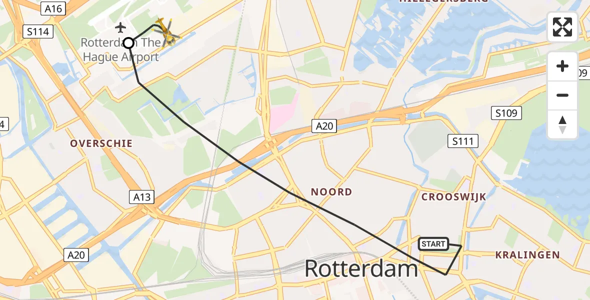 Vluchtroute Traumahelikopter van Rotterdam naar Rotterdam The Hague Airport