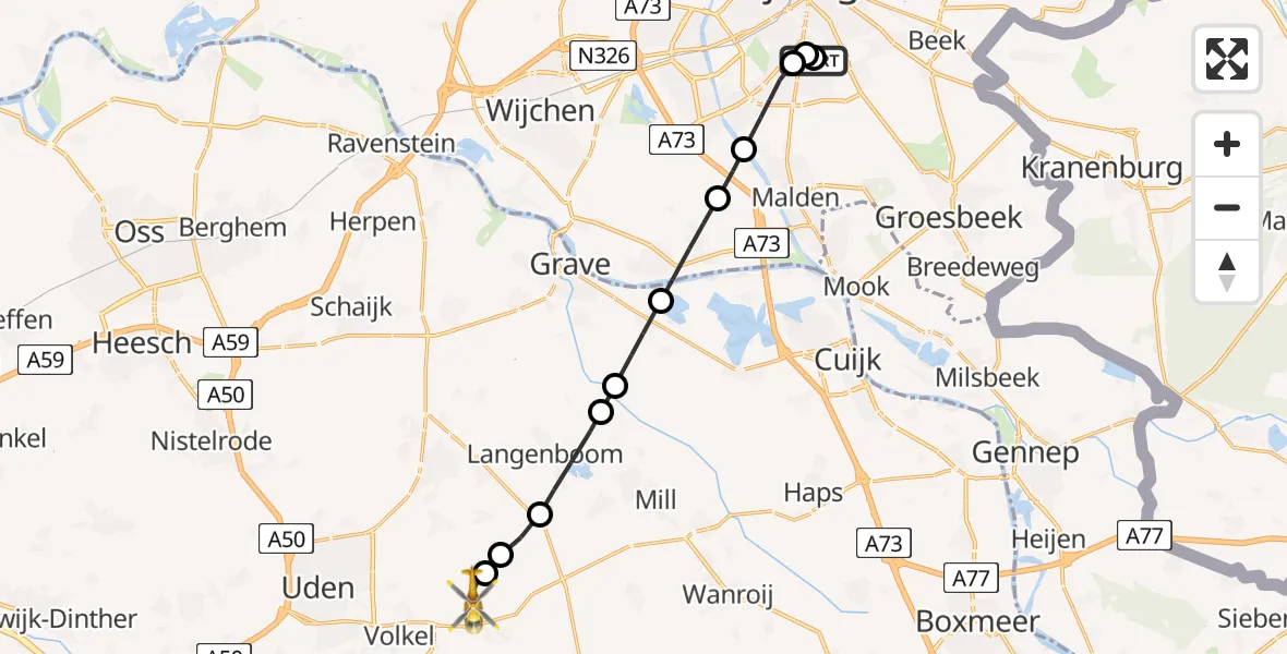 Vluchtroute Traumahelikopter van Radboud Universitair Medisch Centrum naar Vliegbasis Volkel