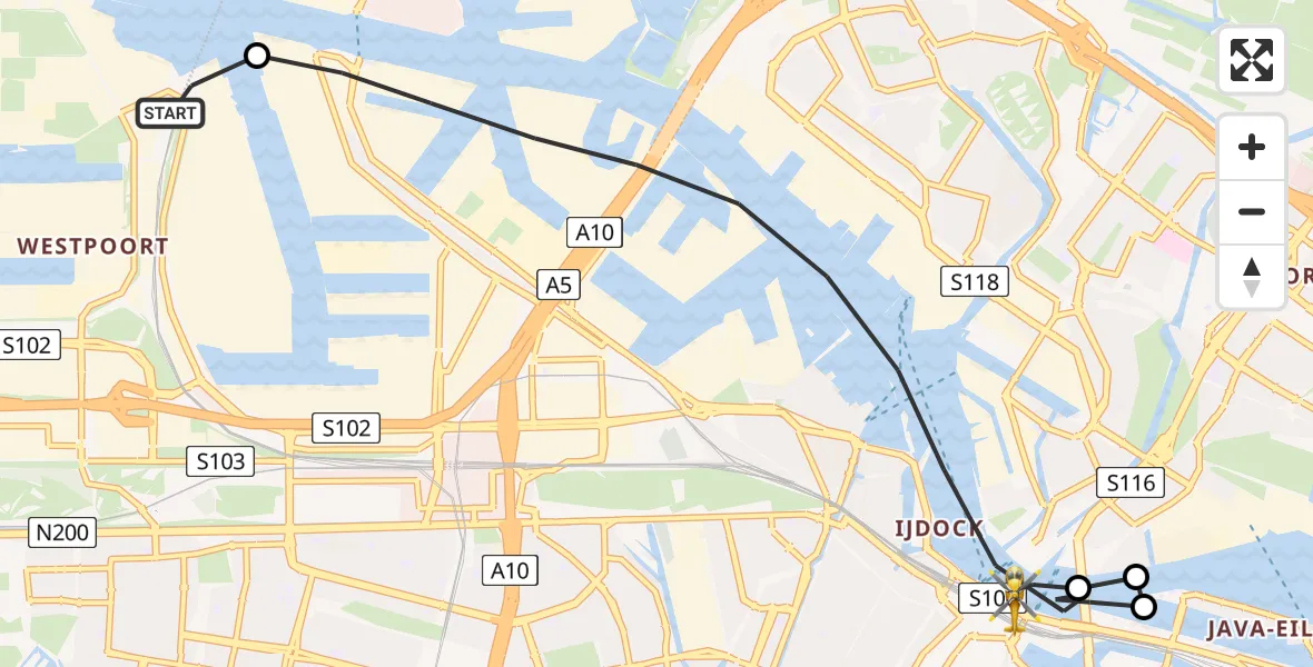 Vluchtroute Traumahelikopter van Amsterdam Heliport naar Amsterdam
