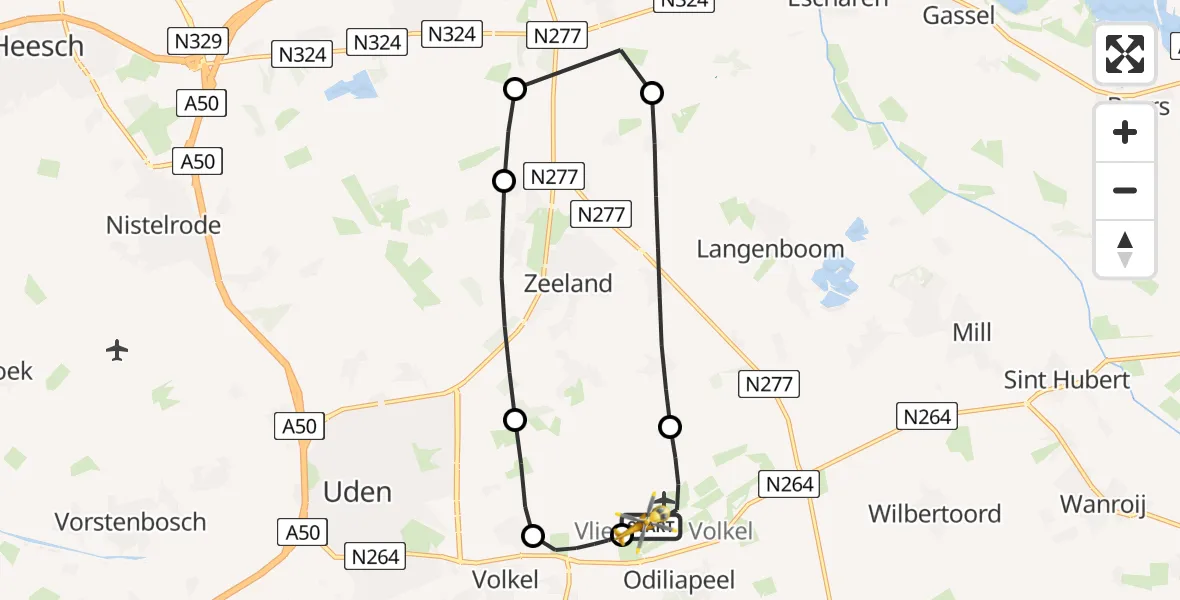 Vluchtroute Traumahelikopter van Vliegbasis Volkel naar Vliegbasis Volkel