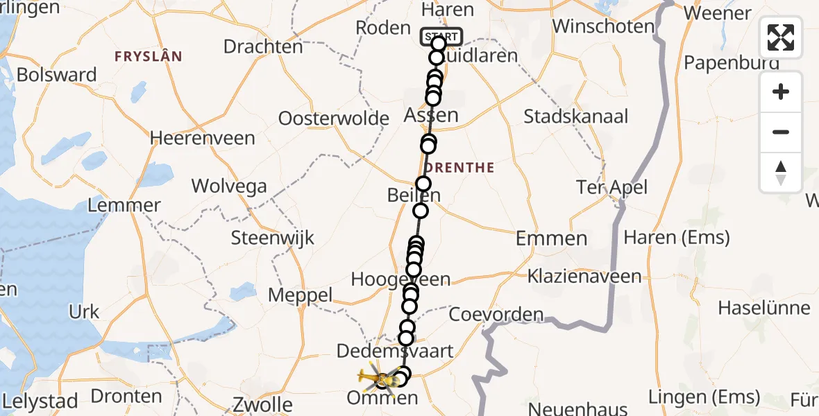 Vluchtroute Traumahelikopter van Groningen Airport Eelde naar Ommen