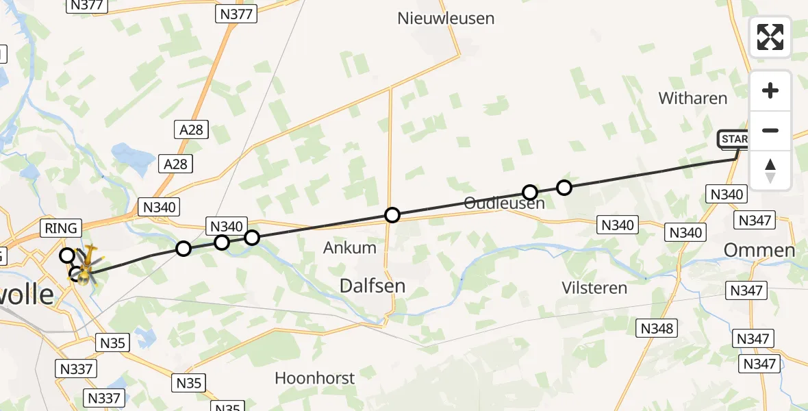Vluchtroute Traumahelikopter van Ommen naar Zwolle