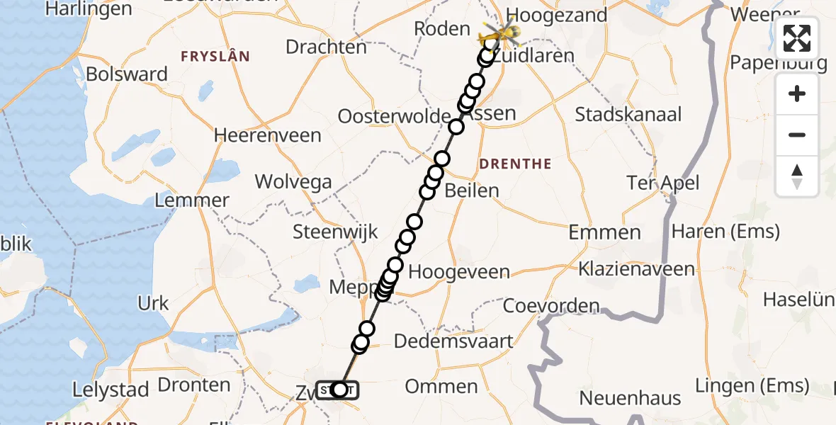 Vluchtroute Traumahelikopter van Zwolle naar Groningen Airport Eelde