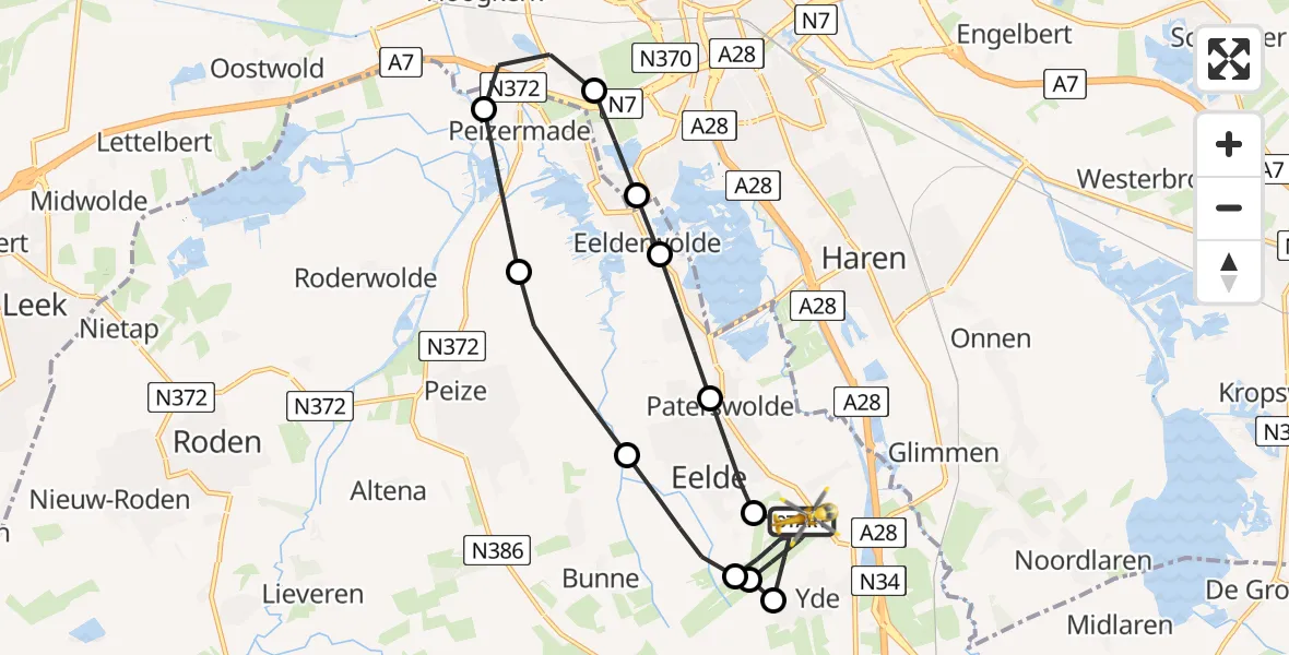 Vluchtroute Traumahelikopter van Groningen Airport Eelde naar Groningen Airport Eelde