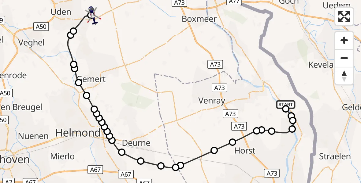 Vluchtroute Politiehelikopter van Wellerlooi naar Vliegbasis Volkel
