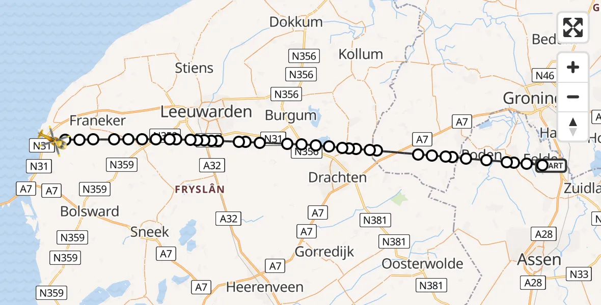 Vluchtroute Traumahelikopter van Groningen Airport Eelde naar Harlingen