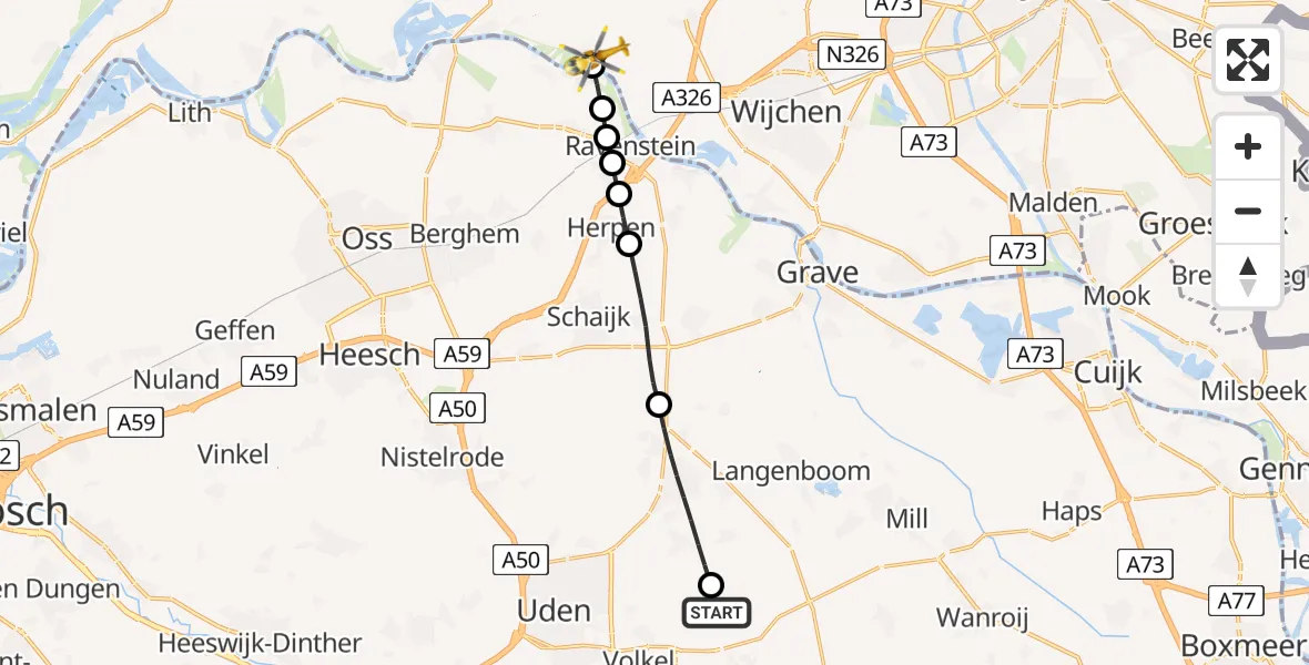 Vluchtroute Traumahelikopter van Vliegbasis Volkel naar Batenburg