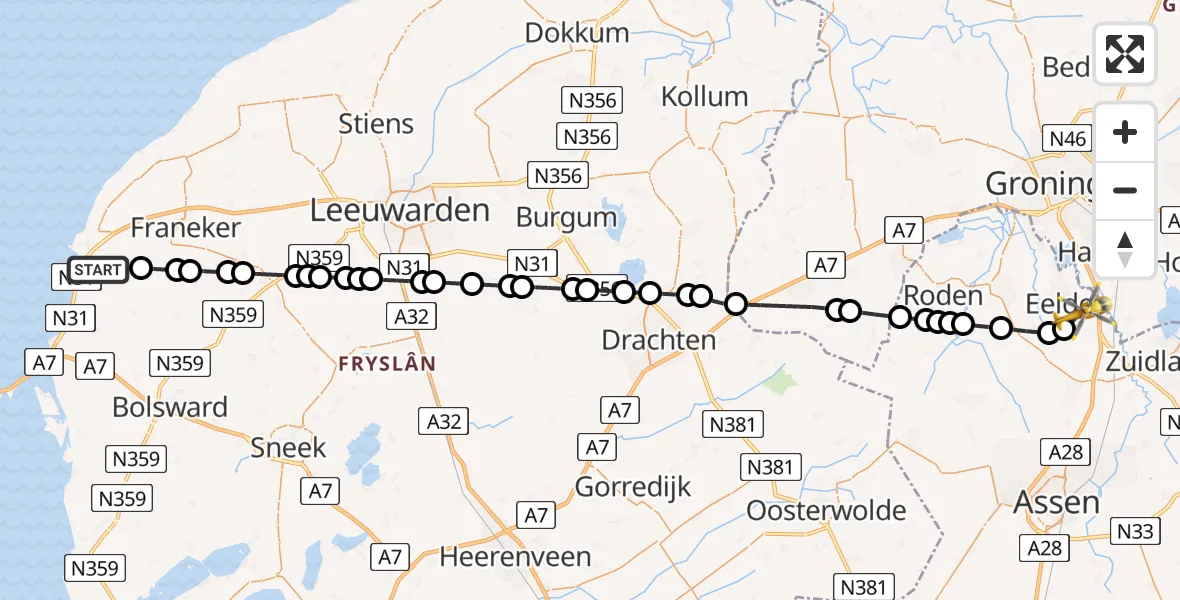 Vluchtroute Traumahelikopter van Harlingen naar Groningen Airport Eelde