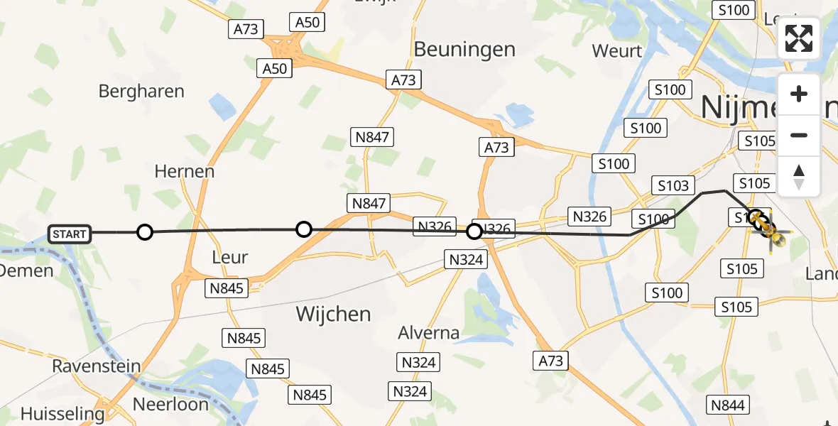 Vluchtroute Traumahelikopter van Batenburg naar Radboud University Medical Center Heliport