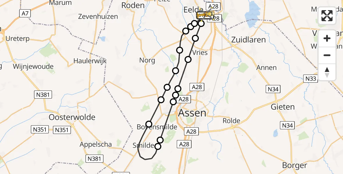 Vluchtroute Traumahelikopter van Groningen Airport Eelde naar Groningen Airport Eelde
