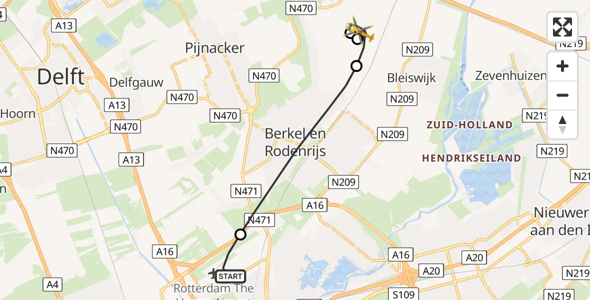 Vluchtroute Traumahelikopter van Rotterdam The Hague Airport naar Bleiswijk