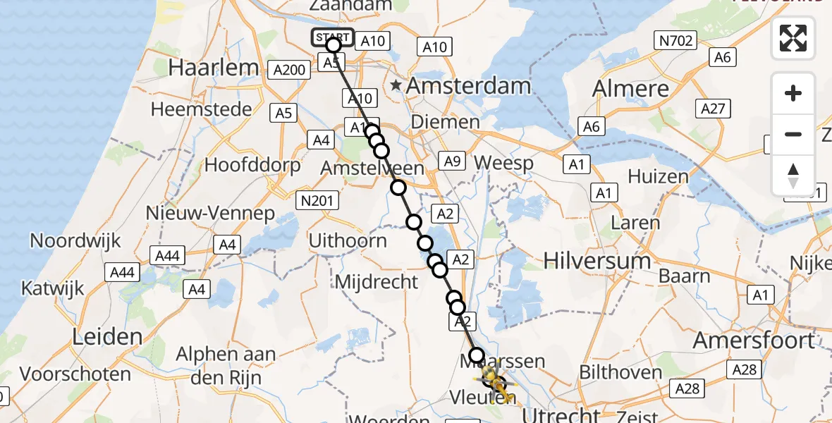 Vluchtroute Traumahelikopter van Amsterdam Heliport naar Maarssen