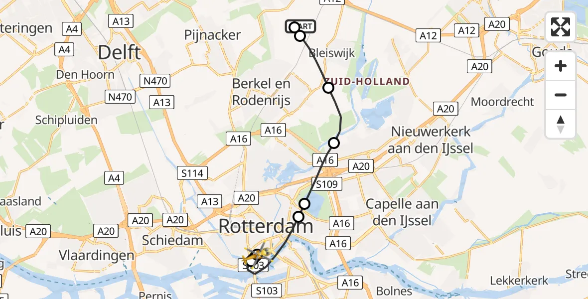 Vluchtroute Traumahelikopter van Bleiswijk naar Erasmus MC