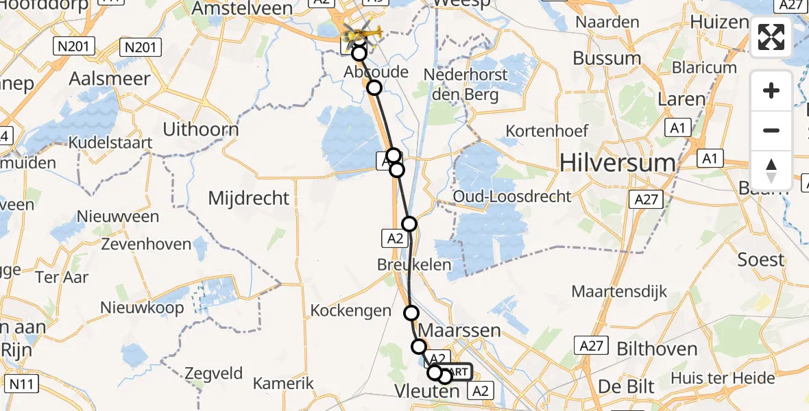 Vluchtroute Traumahelikopter van Maarssen naar Amsterdam UMC Helipad