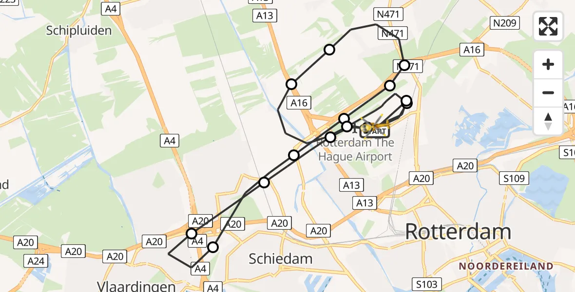 Vluchtroute Traumahelikopter van Rotterdam The Hague Airport naar Rotterdam