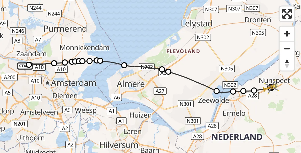 Vluchtroute Traumahelikopter van Amsterdam Heliport naar Hulshorst