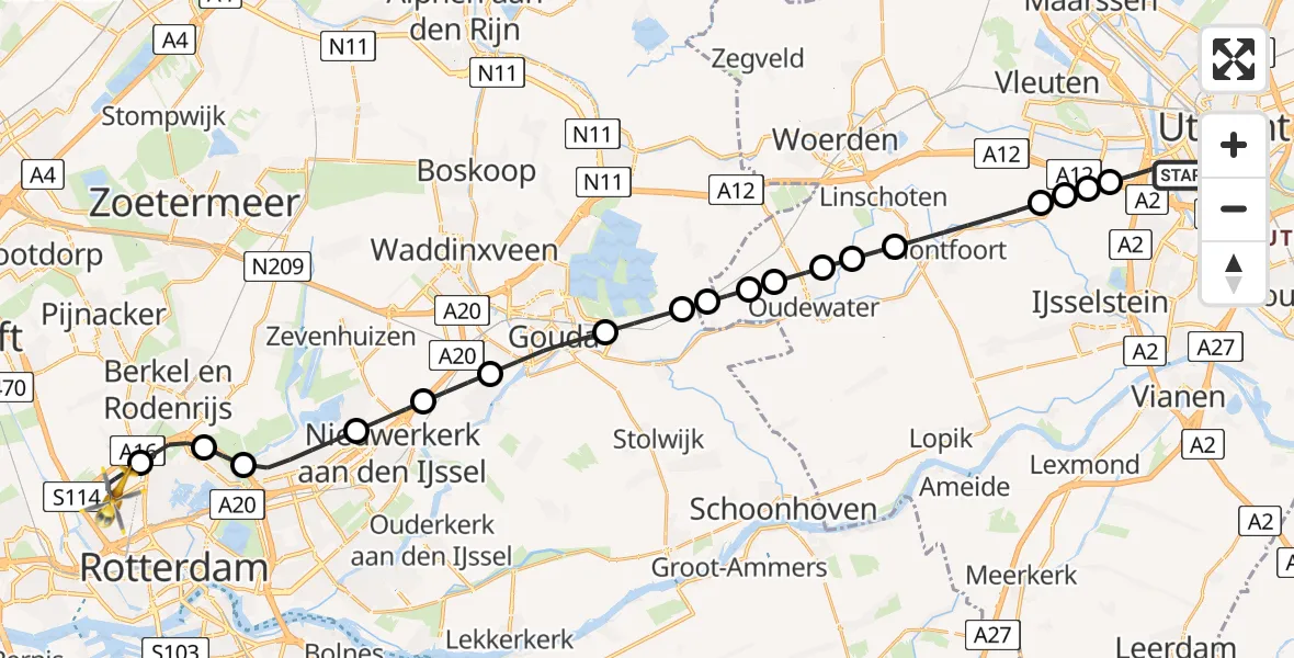 Vluchtroute Traumahelikopter van Utrecht naar Rotterdam The Hague Airport