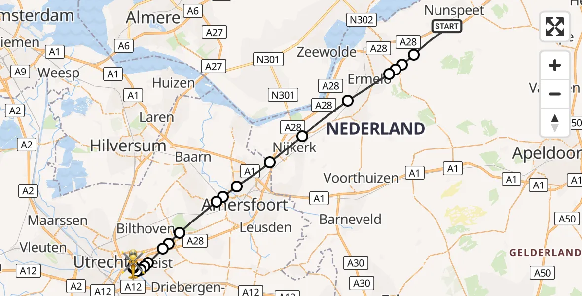 Routekaart van de vlucht: Lifeliner 1 naar Universitair Medisch Centrum Utrecht