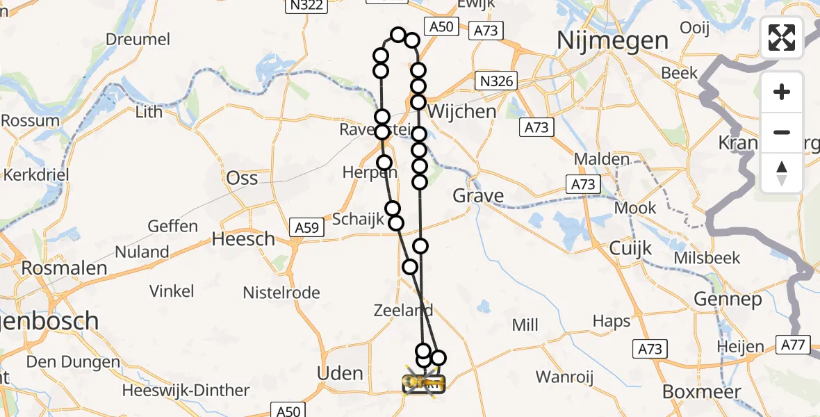 Vluchtroute Traumahelikopter van Vliegbasis Volkel naar Vliegbasis Volkel