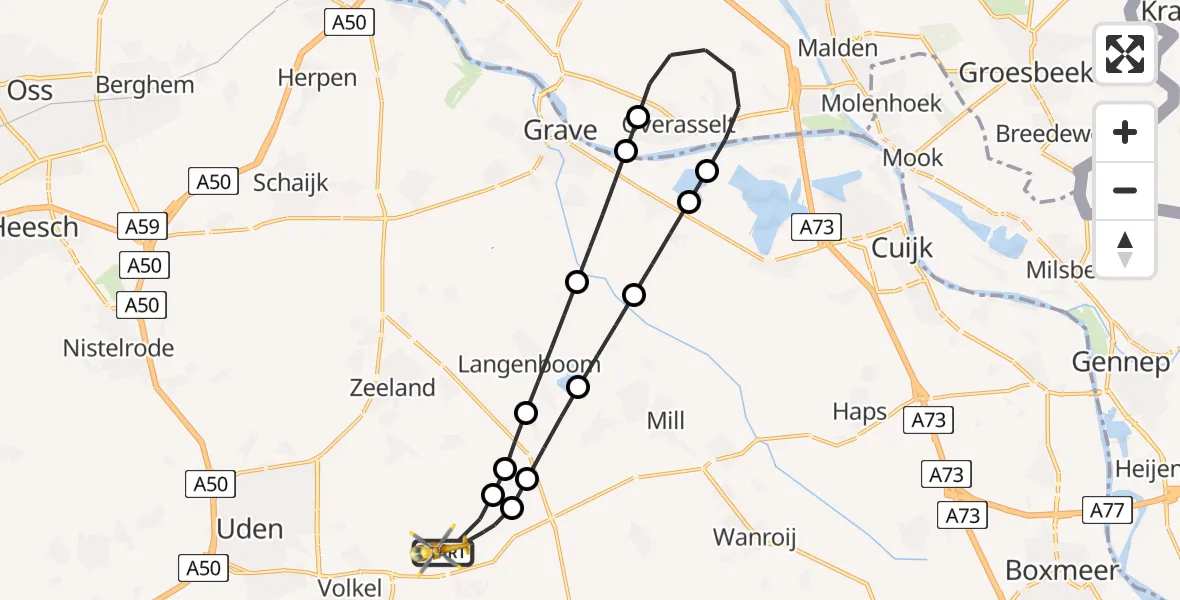 Vluchtroute Traumahelikopter van Vliegbasis Volkel naar Vliegbasis Volkel