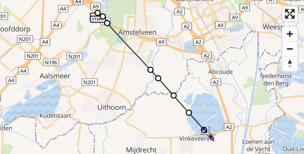 Vluchtroute Politiehelikopter van Amsterdam Vliegveld Schiphol naar Vinkeveen