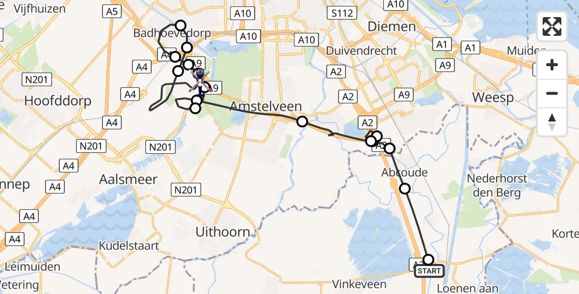 Vluchtroute Politiehelikopter van Nieuwer Ter Aa naar Amsterdam Vliegveld Schiphol