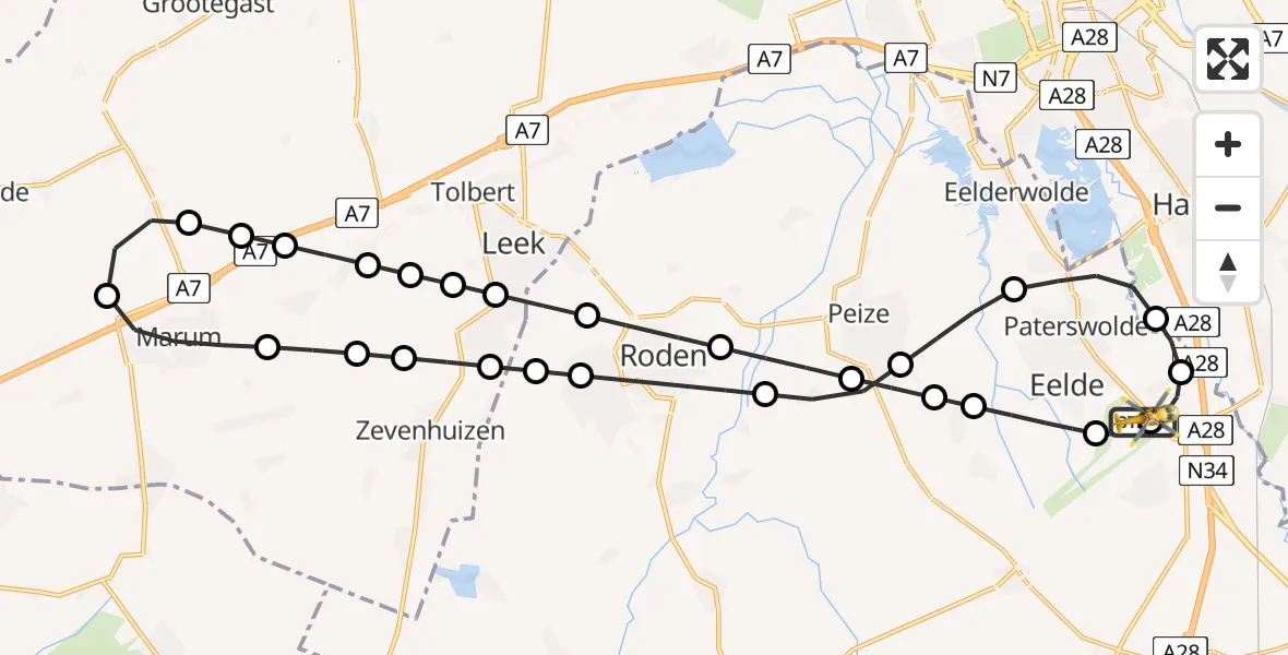 Vluchtroute Traumahelikopter van Groningen Airport Eelde naar Groningen Airport Eelde