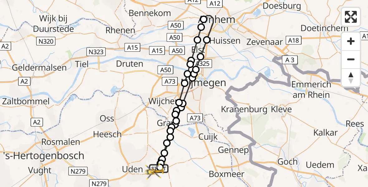 Vluchtroute Traumahelikopter van Vliegbasis Volkel naar Vliegbasis Volkel