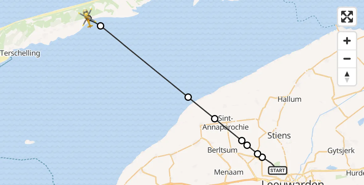 Vluchtroute Ambulancehelikopter van Vliegbasis Leeuwarden naar Oosterend