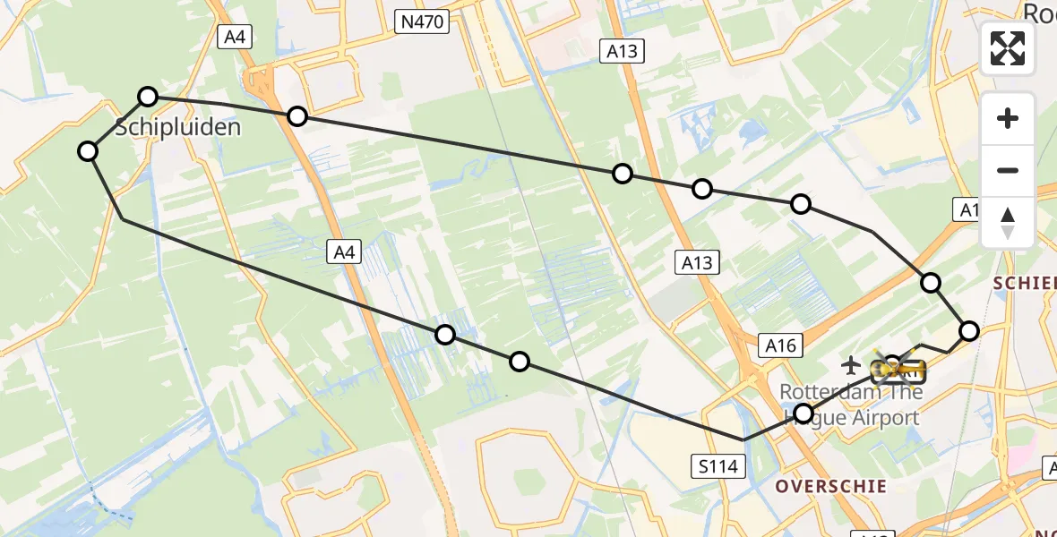 Vluchtroute Traumahelikopter van Rotterdam The Hague Airport naar Rotterdam The Hague Airport