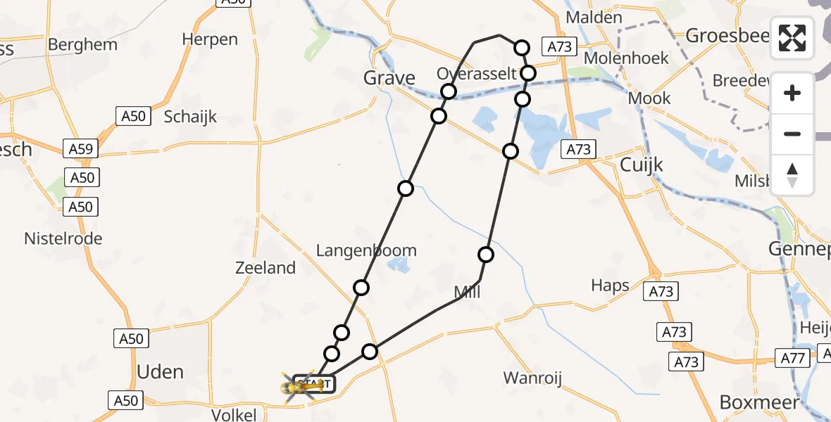 Vluchtroute Traumahelikopter van Vliegbasis Volkel naar Vliegbasis Volkel