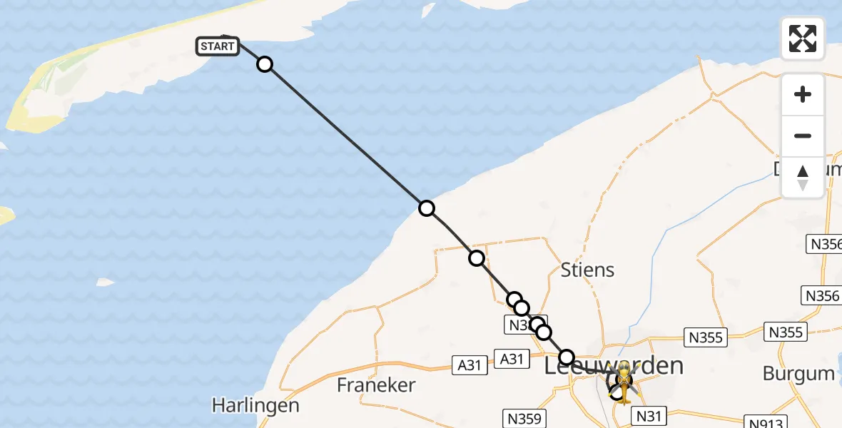Vluchtroute Ambulancehelikopter van Oosterend naar Leeuwarden Medical Center Heliport