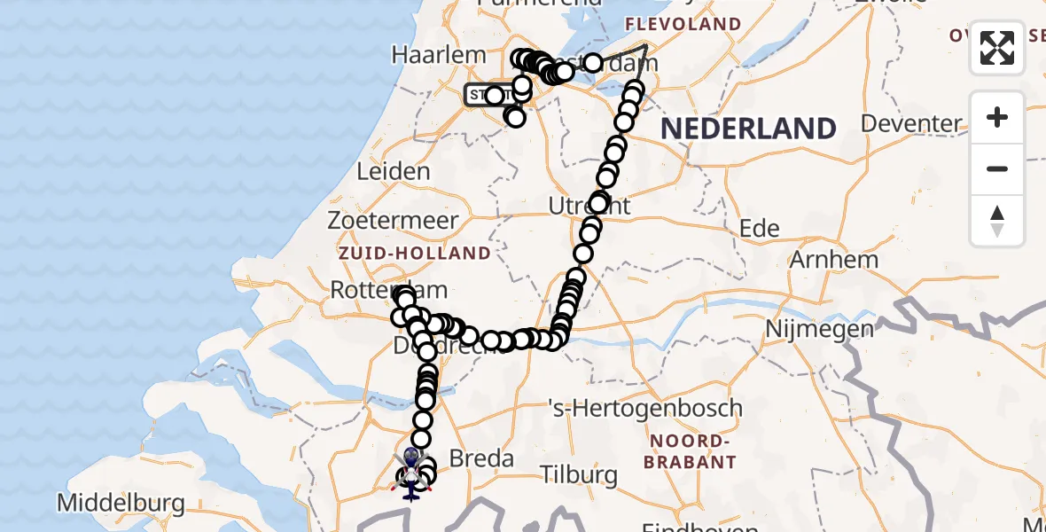 Vluchtroute Politiehelikopter van Amsterdam Vliegveld Schiphol naar Breda International Airport