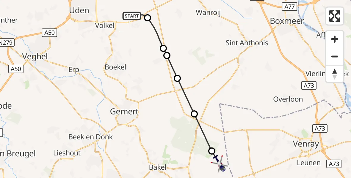 Vluchtroute Politiehelikopter van Vliegbasis Volkel naar Milheeze