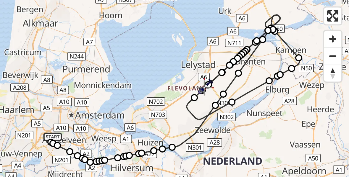 Vluchtroute Politiehelikopter van Amsterdam Vliegveld Schiphol naar Lelystad Airport