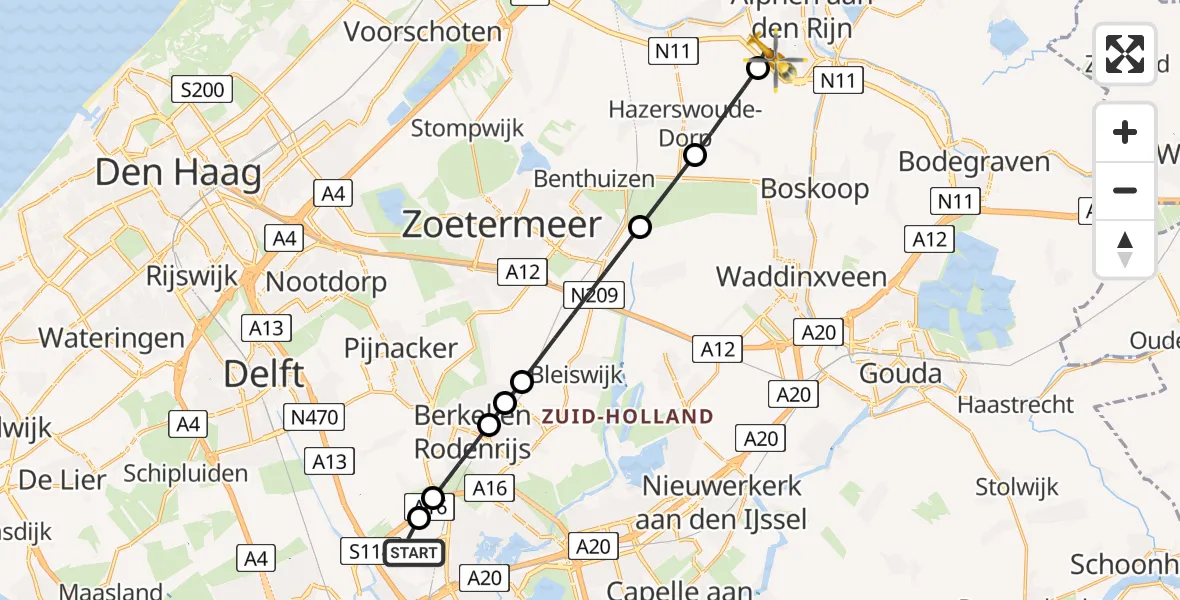 Vluchtroute Traumahelikopter van Rotterdam The Hague Airport naar Alphen aan den Rijn