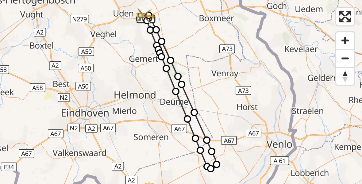Vluchtroute Traumahelikopter van Vliegbasis Volkel naar Vliegbasis Volkel