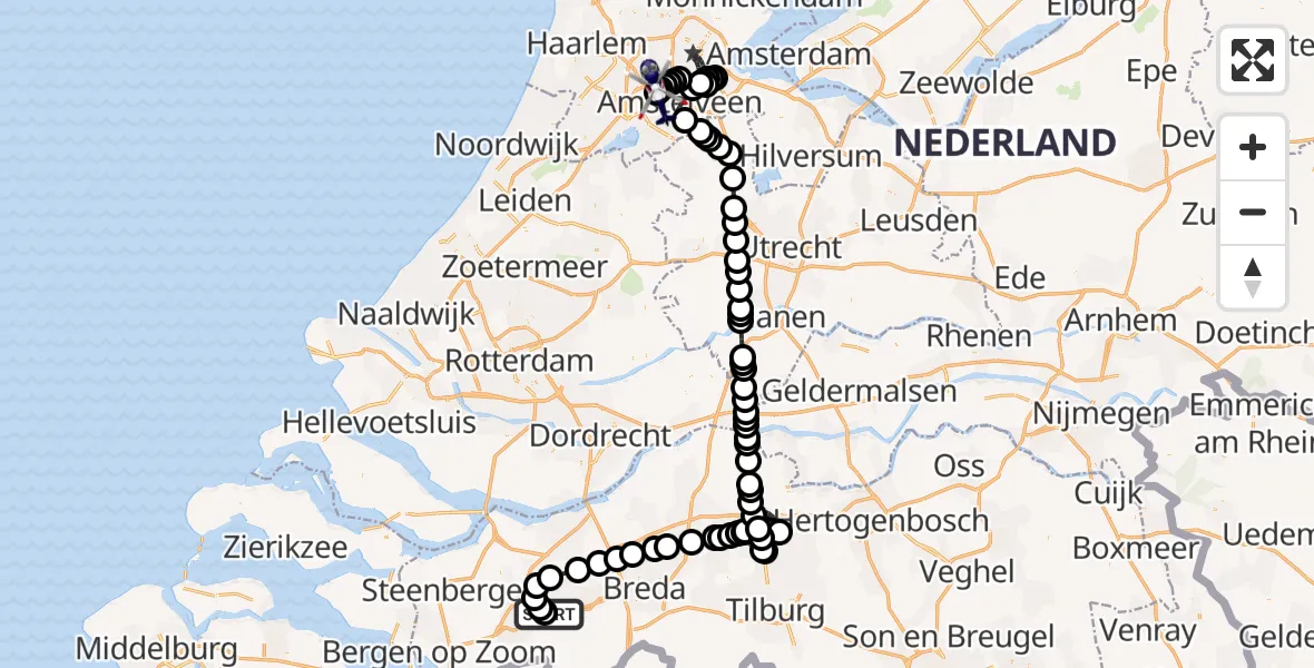 Vluchtroute Politiehelikopter van Breda International Airport naar Amsterdam Vliegveld Schiphol