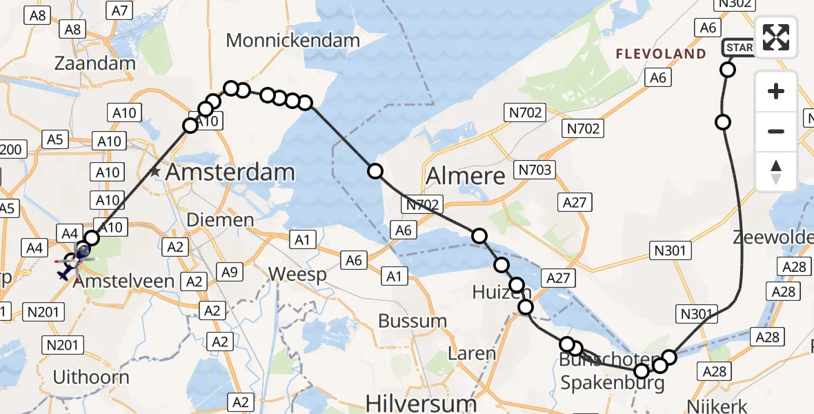 Vluchtroute Politiehelikopter van Lelystad Airport naar Amsterdam Vliegveld Schiphol