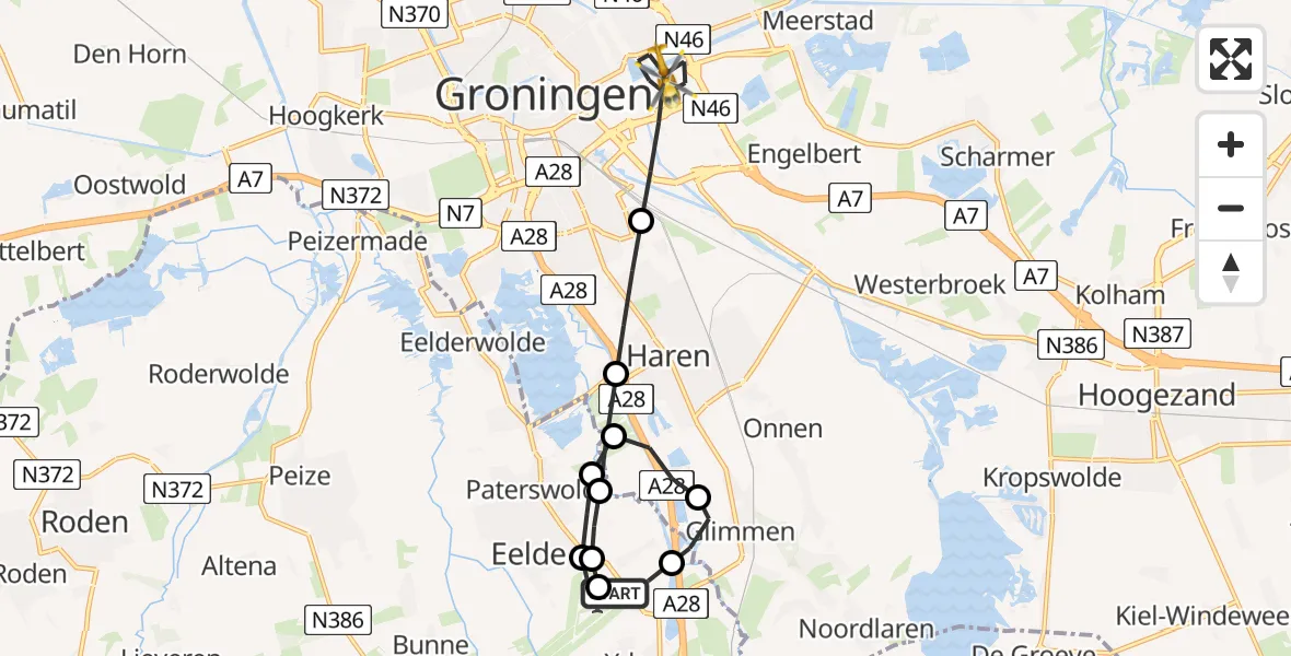 Vluchtroute Traumahelikopter van Groningen Airport Eelde naar Groningen