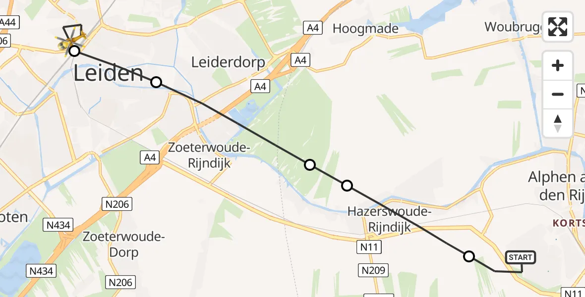 Vluchtroute Traumahelikopter van Alphen aan den Rijn naar Leiden University Medical Center Heliport
