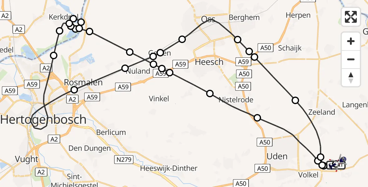 Vluchtroute Politiehelikopter van Vliegbasis Volkel naar Vliegbasis Volkel