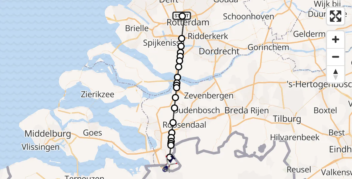 Vluchtroute Politiehelikopter van Rotterdam The Hague Airport naar Ossendrecht