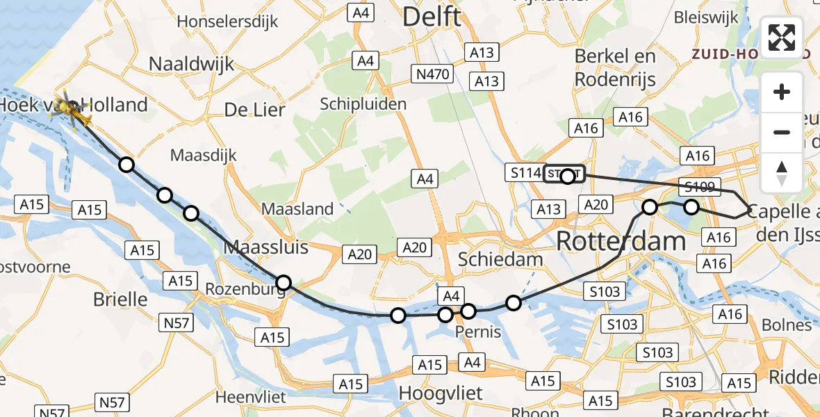 Vluchtroute Traumahelikopter van Rotterdam The Hague Airport naar Hoek van Holland