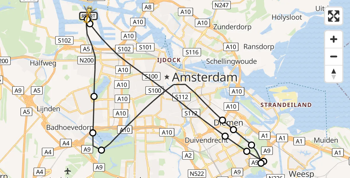 Vluchtroute Traumahelikopter van Amsterdam Heliport naar Amsterdam Heliport