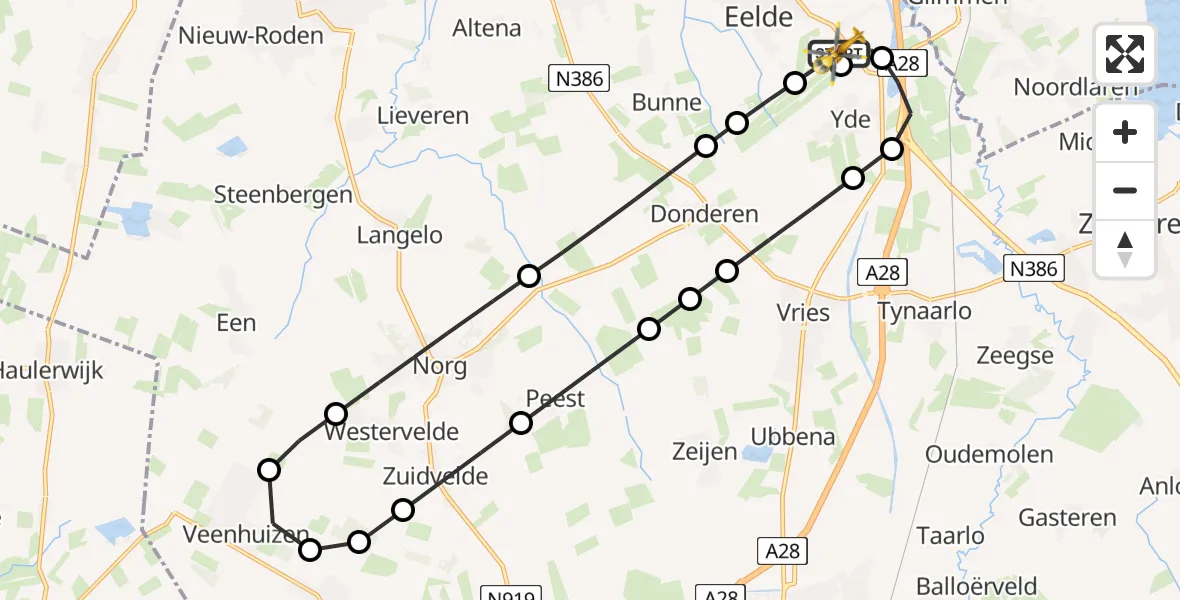 Vluchtroute Traumahelikopter van Groningen Airport Eelde naar Groningen Airport Eelde