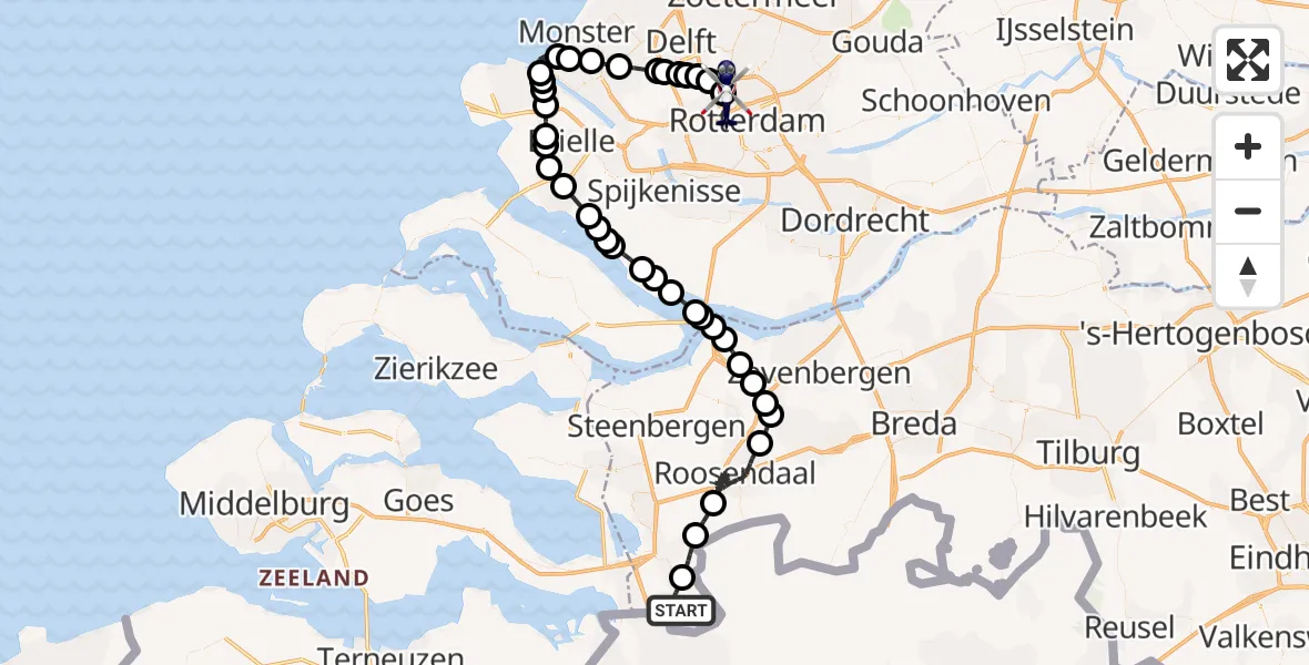 Vluchtroute Politiehelikopter van Ossendrecht naar Rotterdam The Hague Airport