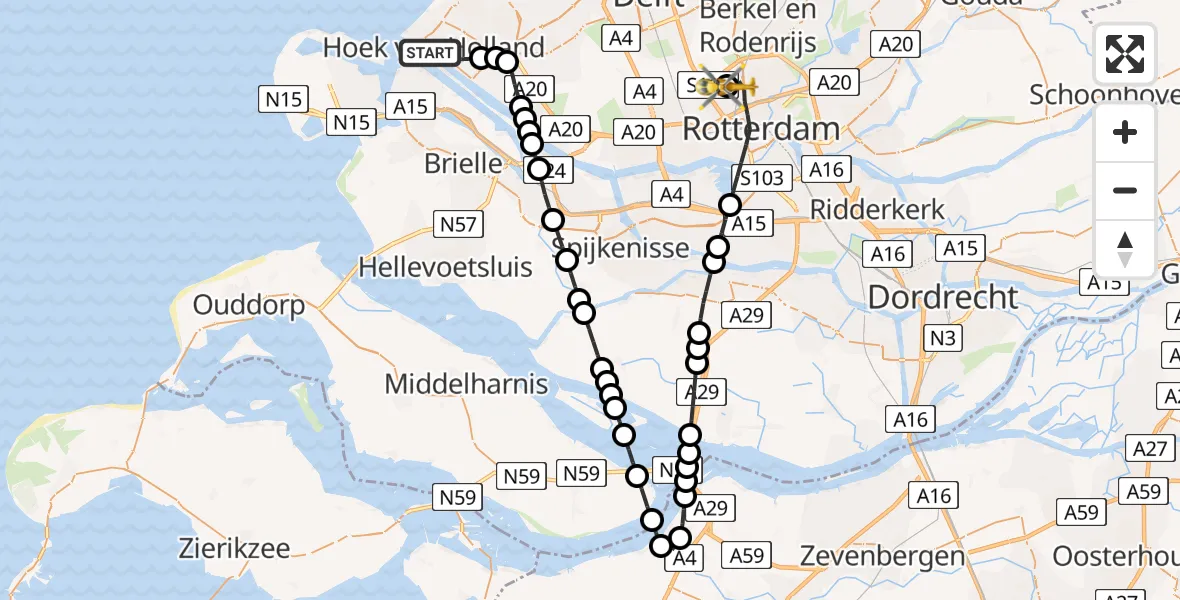 Vluchtroute Traumahelikopter van Hoek van Holland naar Rotterdam The Hague Airport